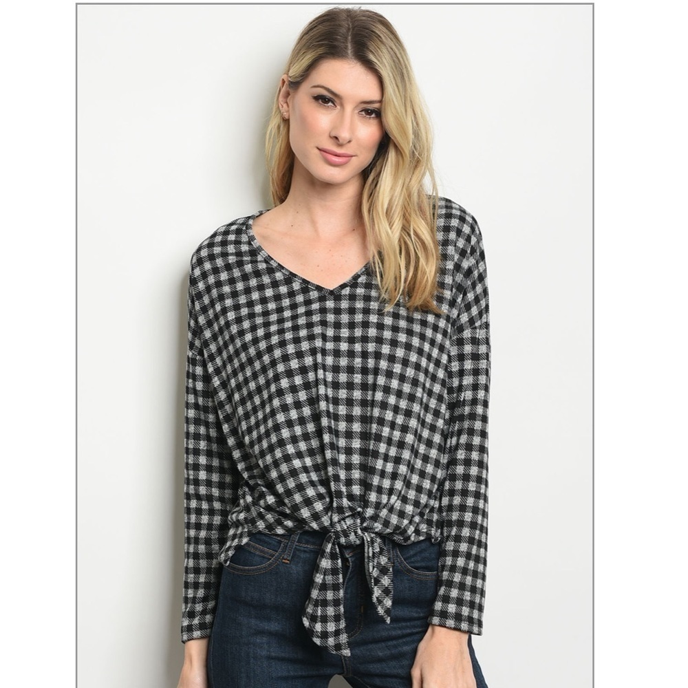 Gingham Long Sleeve Waist Knot Tie Tunic Top Black